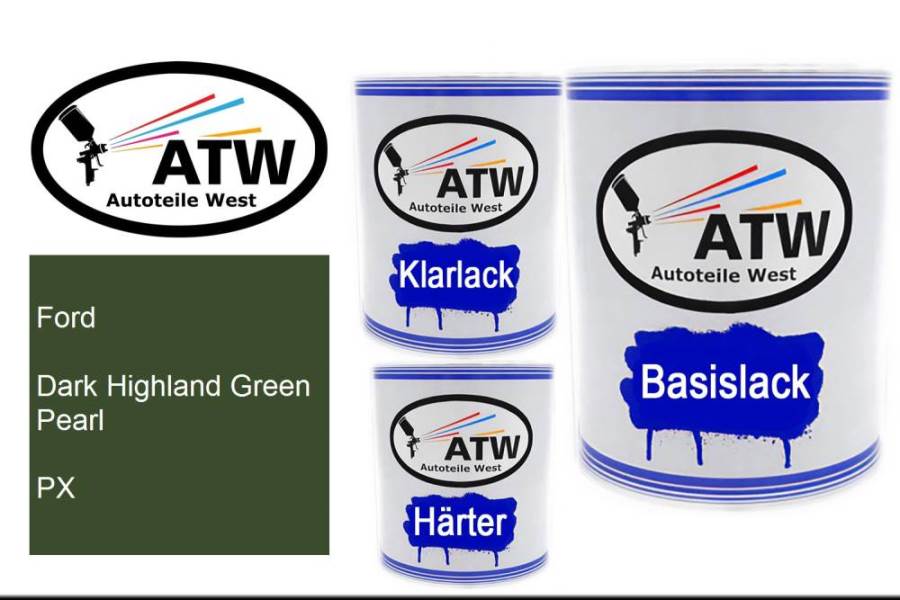 Ford, Dark Highland Green Pearl, PX: 1L Lackdose + 1L Klarlack + 500ml Härter - Set, von ATW Autoteile West.